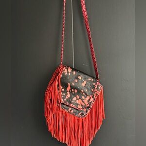 Red Fringe Spot-Print Leather Shoulder Bag